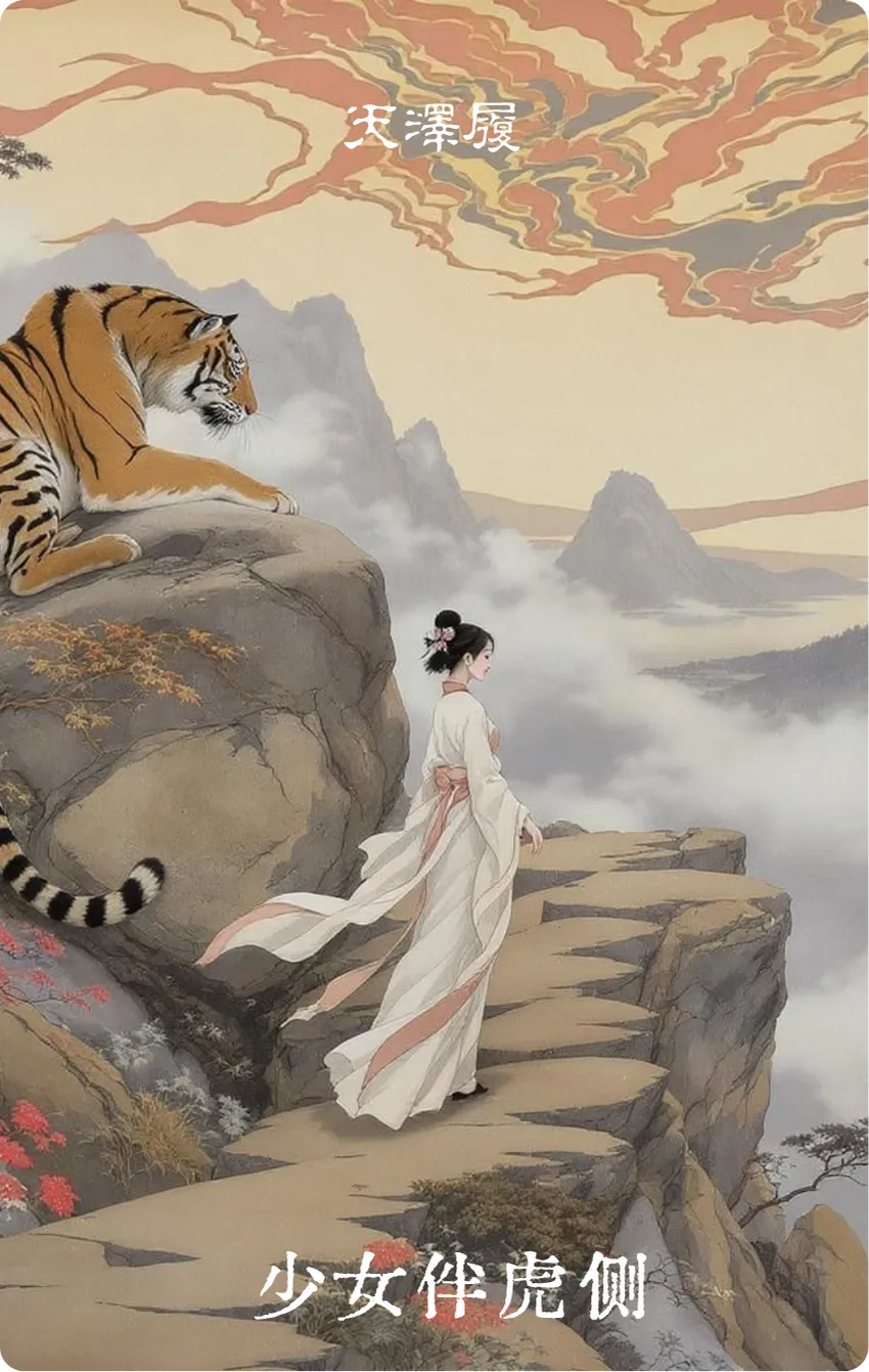天泽履卦卡牌正面：少女伴虎侧