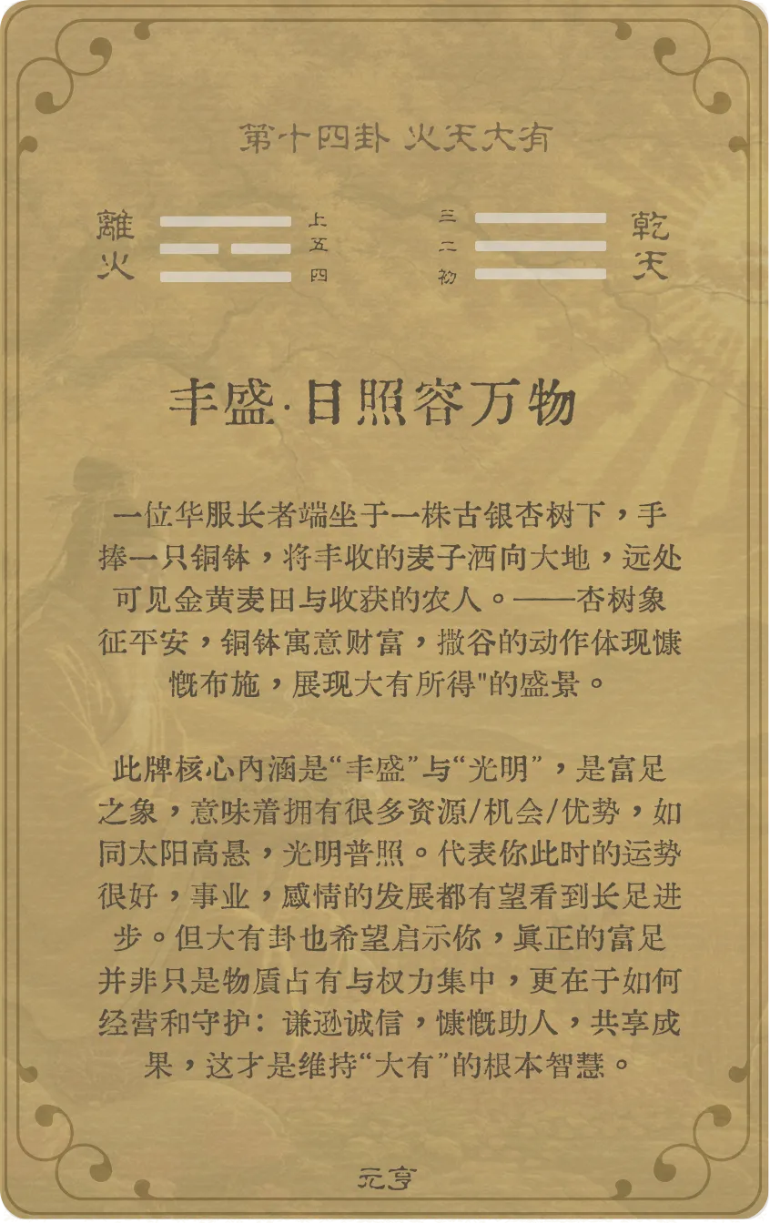 火天大有卦卡牌背面：牌义解读与爻辞