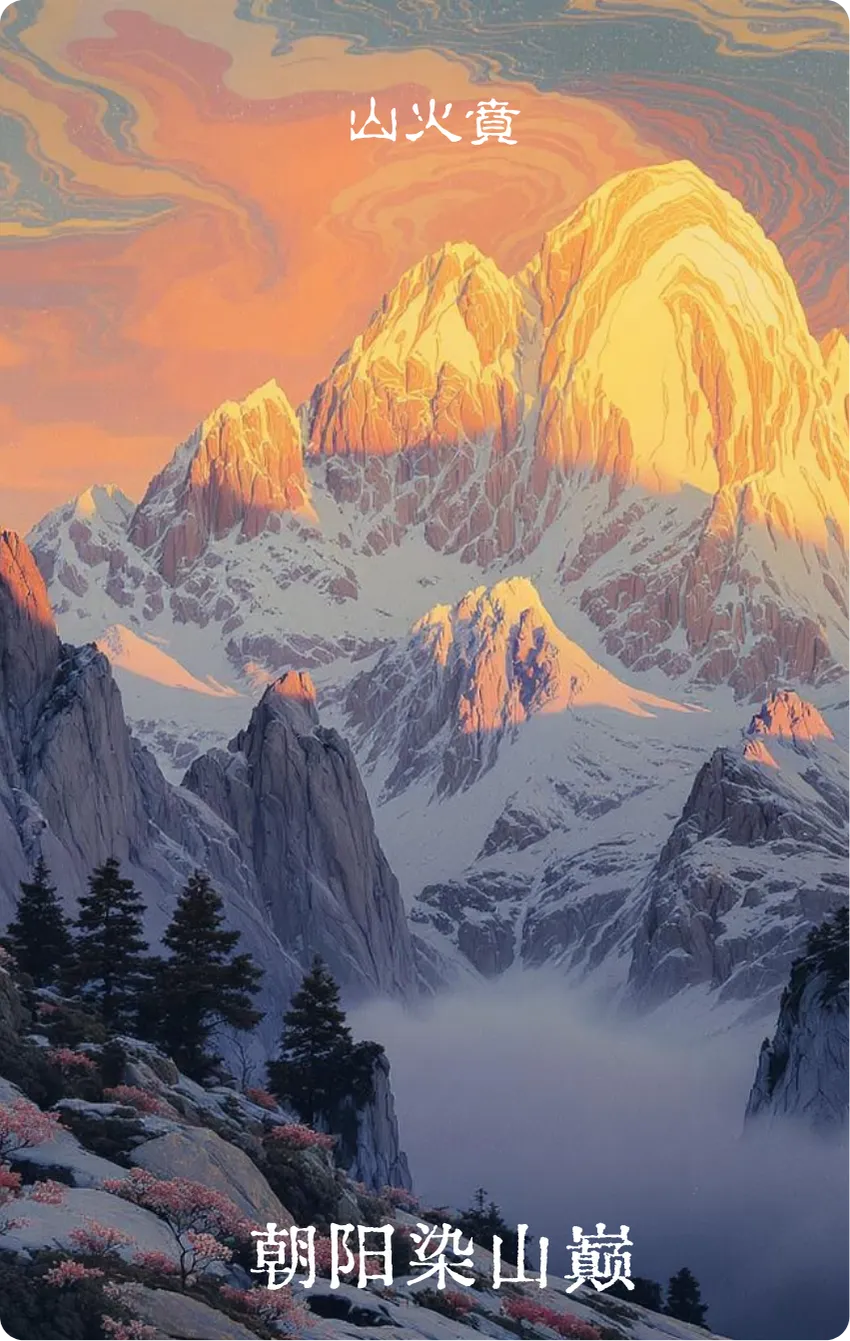 山火贲卦卡牌正面:朝阳染山巅
