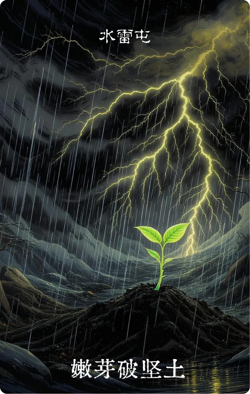 水雷屯卦卡牌正面：嫩芽破土