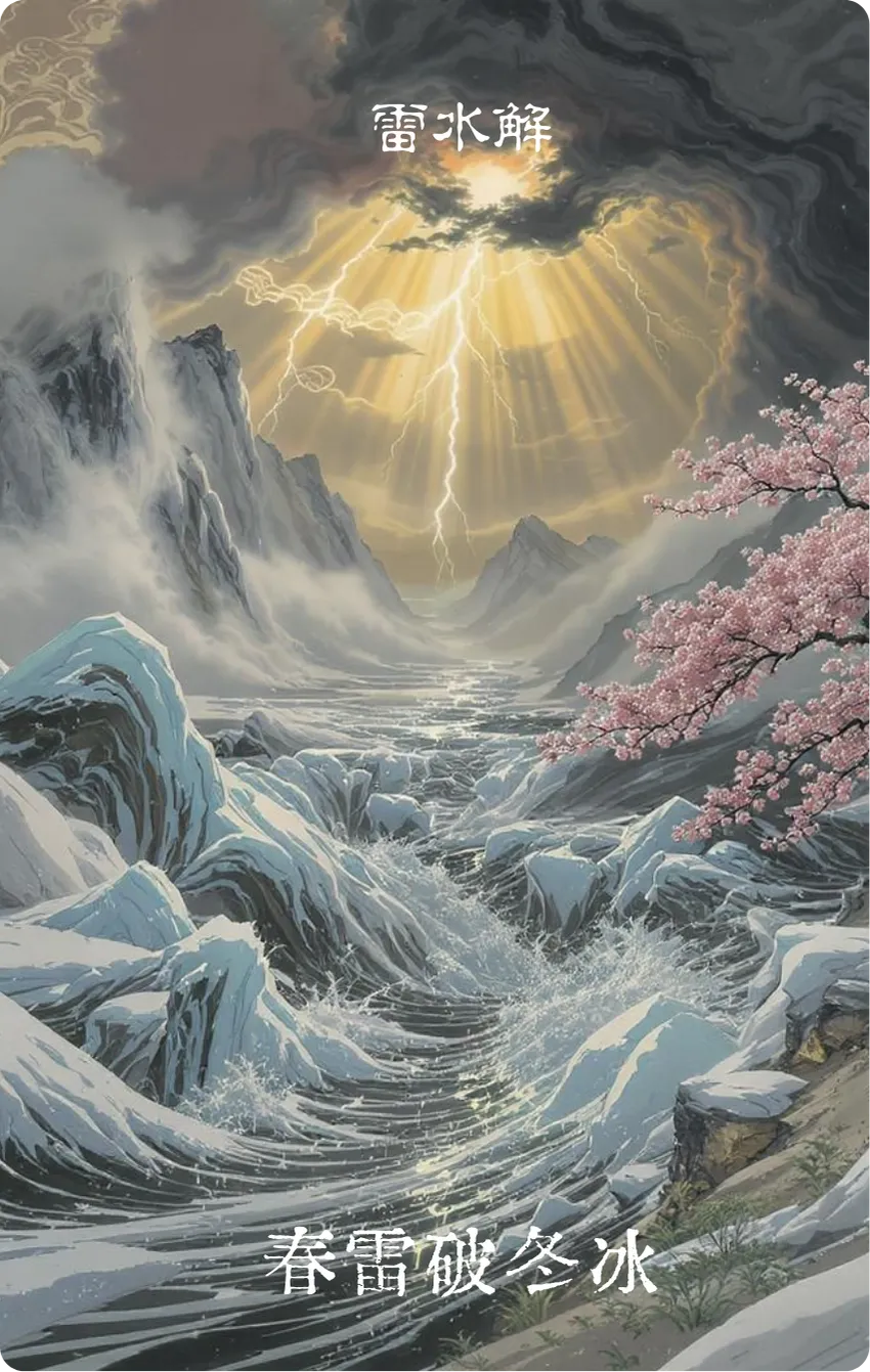 雷水解卦卡牌正面:冰消瓦解