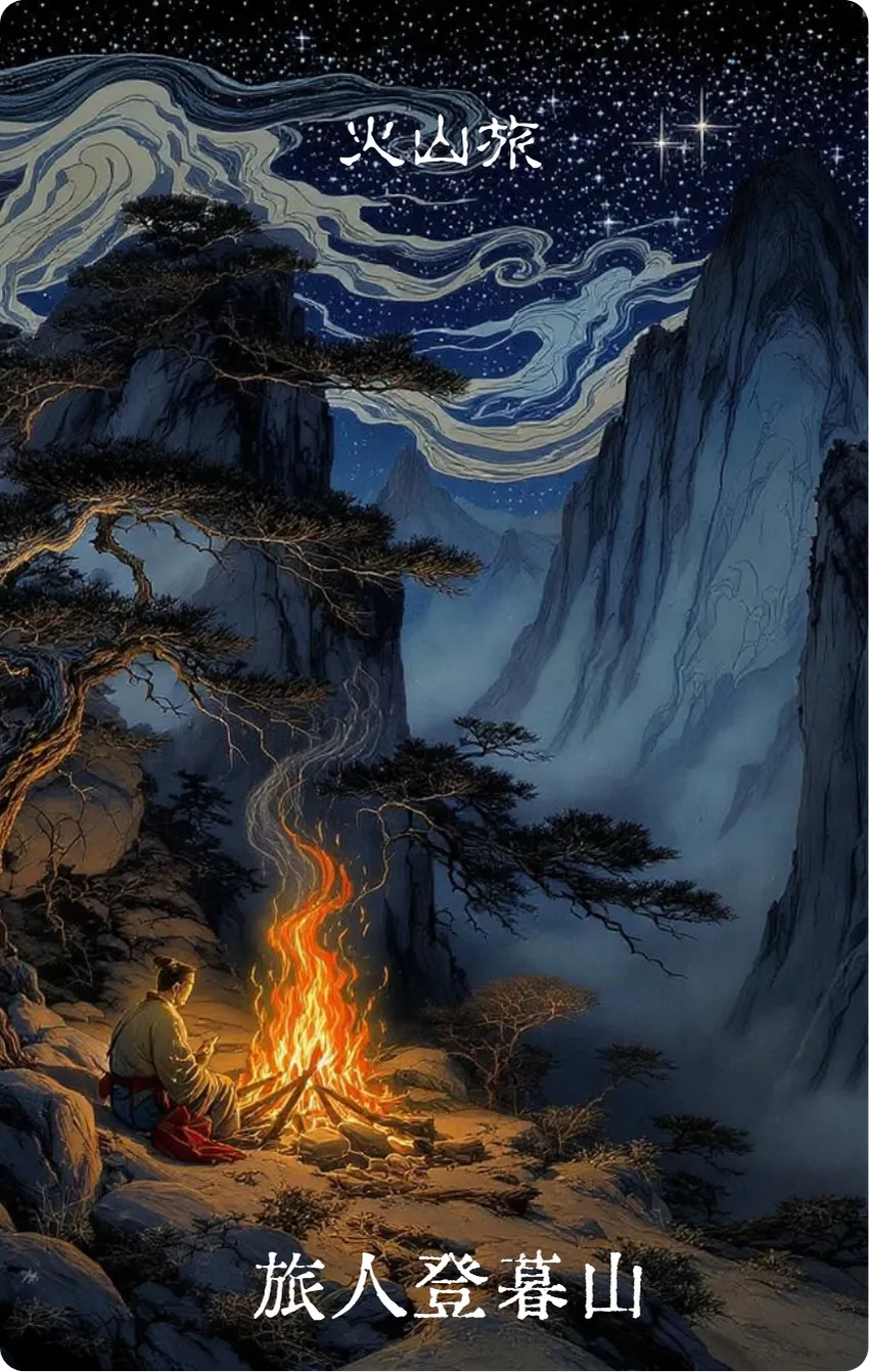 旅卦卡牌正面——漂泊·旅人登暮山
