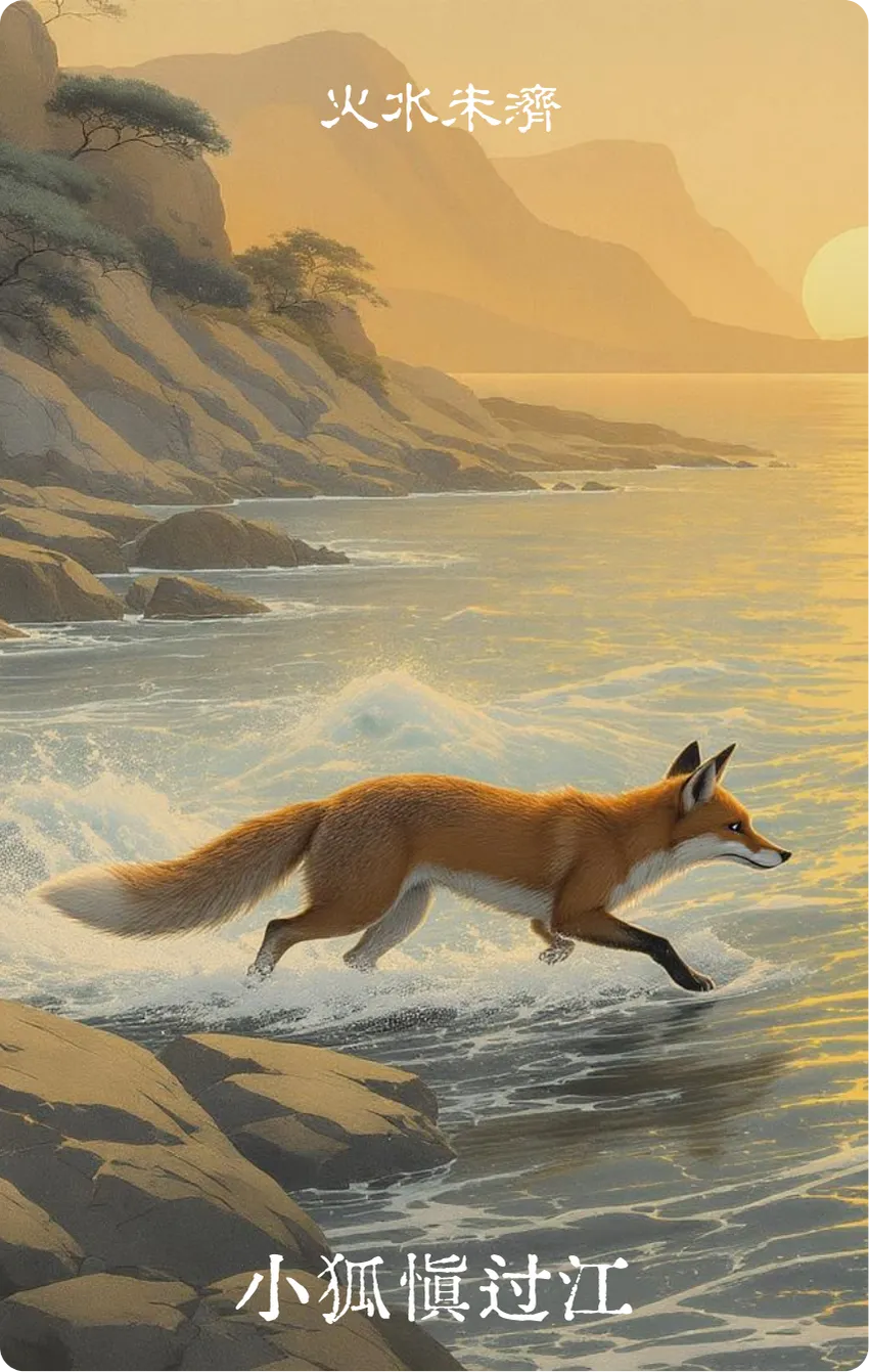 未济卦卡牌正面——登顶·小狐慎过江