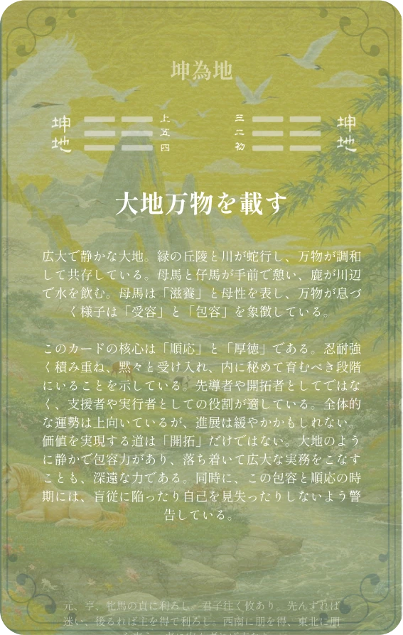 坤卦カード裏面:卦義解読と爻辞