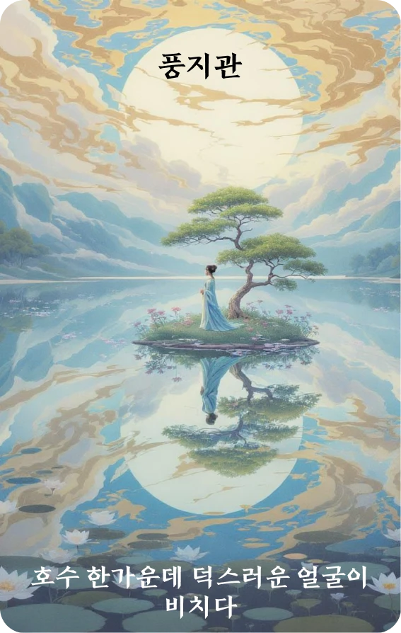 관괘 카드 앞면: 통찰·호심영덕용(湖心映德容)