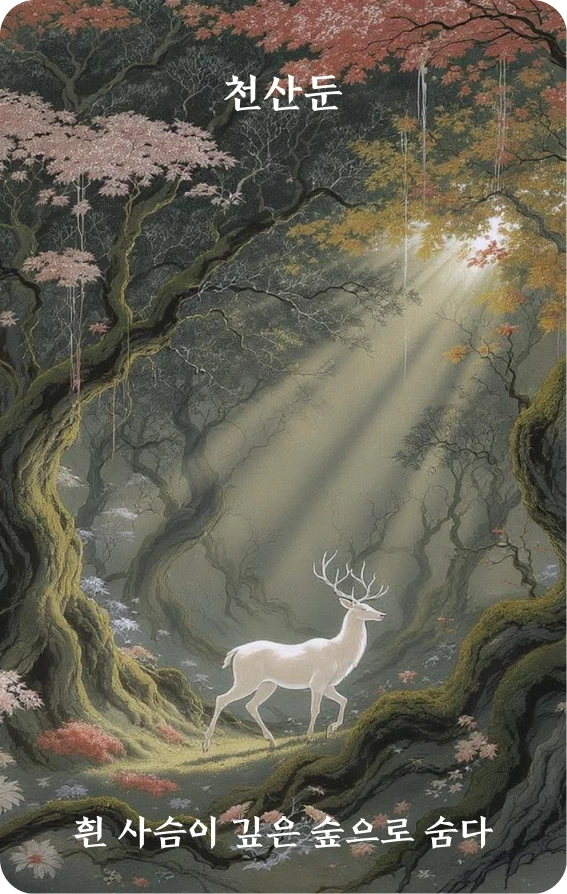 둔괘 카드 앞면: 퇴피·백록둔심림(白鹿遁深林)