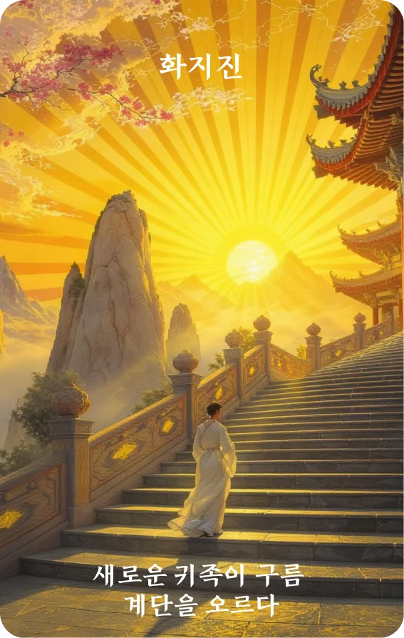 진괘 카드 앞면: 진승·신귀보운계(新貴步雲階)