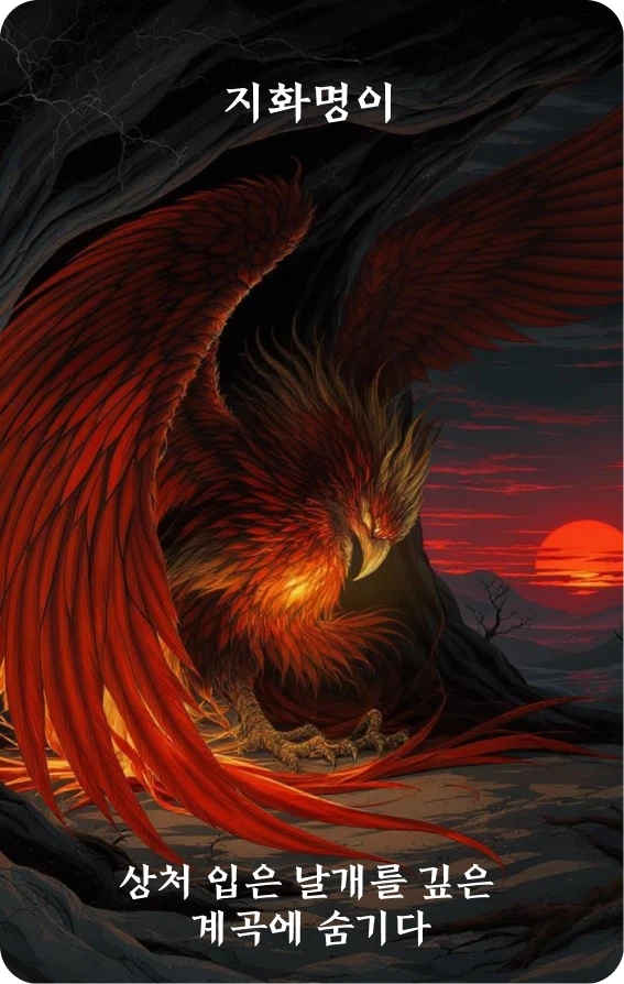 명이괘 카드 앞면: 도회·잔익은심곡(殘翼隱深谷)