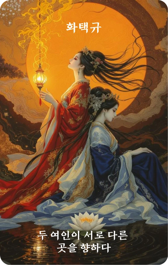 규괘 카드 앞면: 대립·이녀향이방(二女向異方)