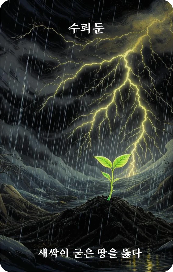 수뢰둔괘 카드 앞면: 새싹이 흙을 뚫다