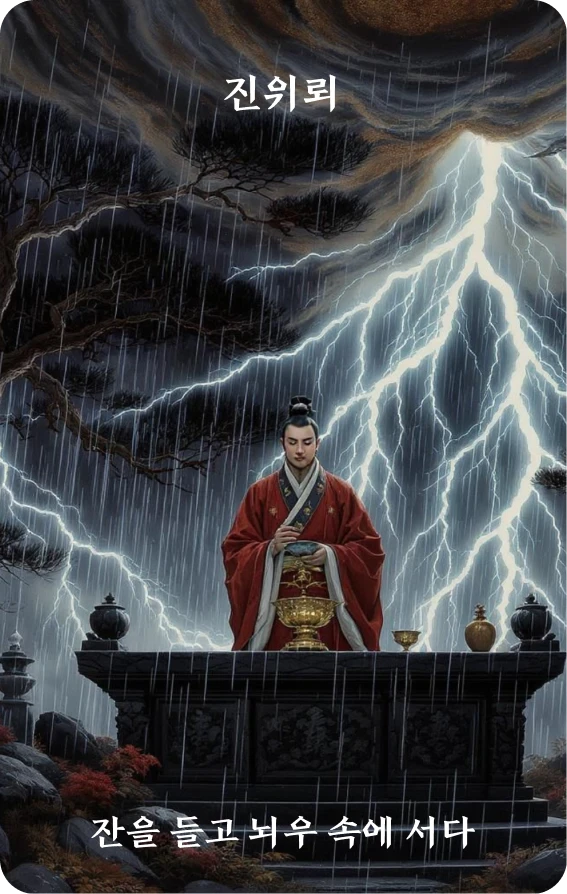 진괘 카드 앞면: 진동·지배입뢰폭(持杯立雷暴)