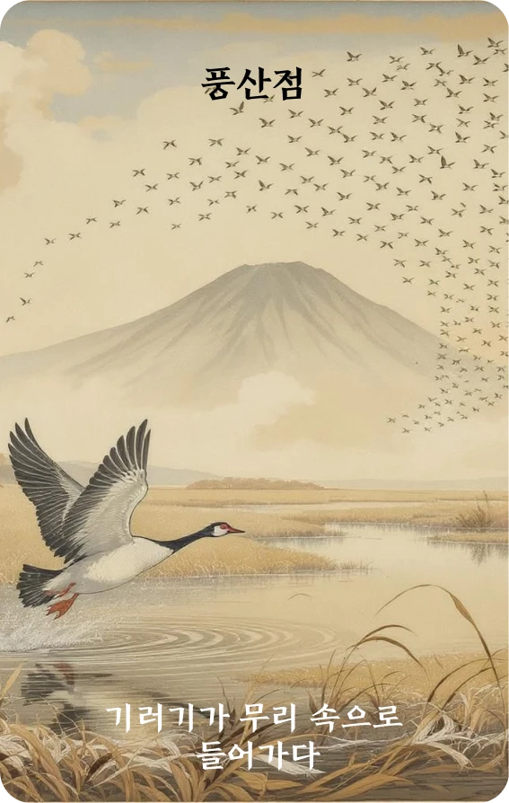 점괘 카드 앞면: 점진·홍안입대군(鴻雁入隊群)