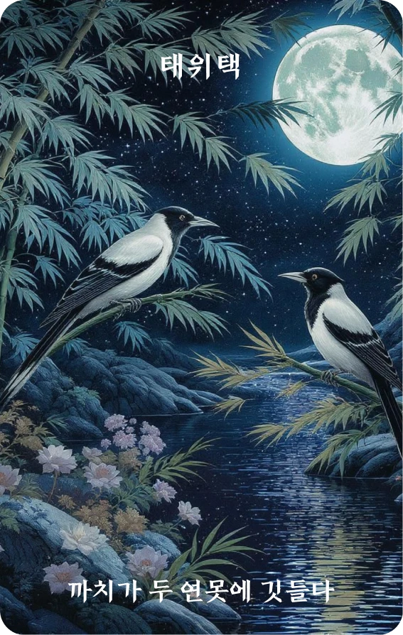 태괘 카드 앞면: 취열·희작서쌍택(喜鵲棲雙澤)