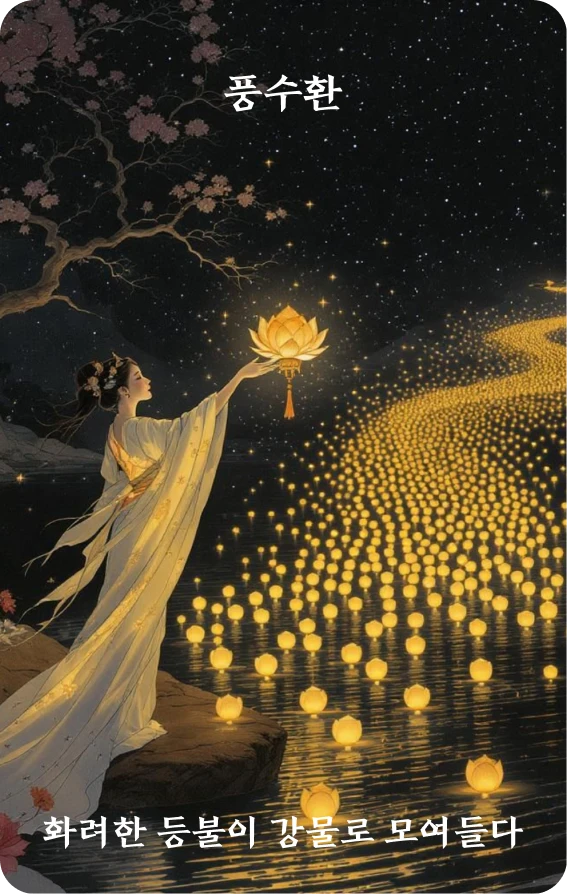 환괘 카드 앞면: 환산·화등회천류(華燈匯川流)