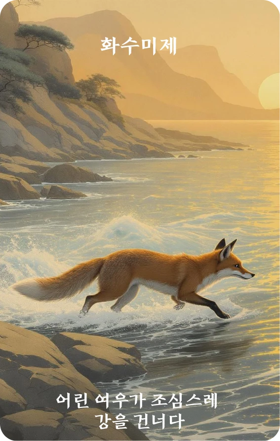 미제괘 카드 앞면: 등정·소호신과강(小狐愼過江)